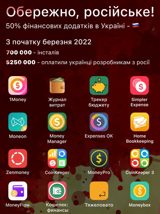 Щонайменше половина популярних в Україні мобільних застосунків для фінансів – російські