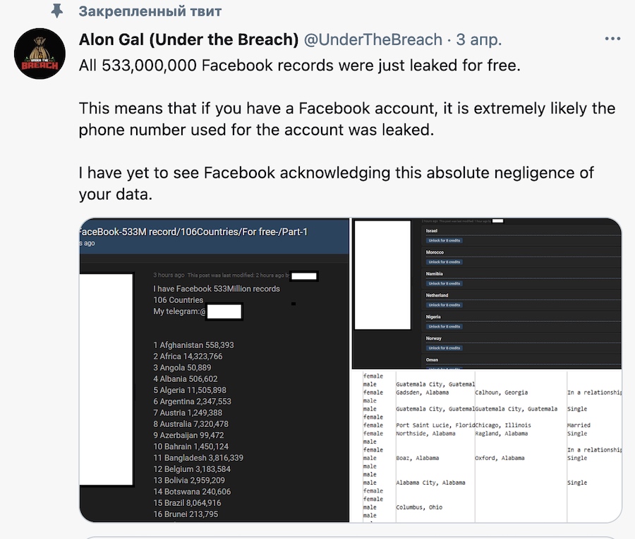 Данные 533 млн пользователей Facebook утекли в Сеть